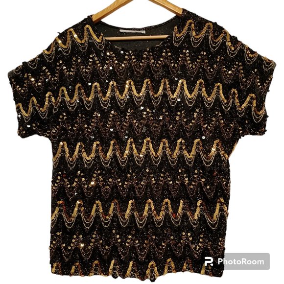 M✨Holiday Christmas Vtg. Sequin Disco Shirt Top Gold black Metallic - Picture 3 of 8